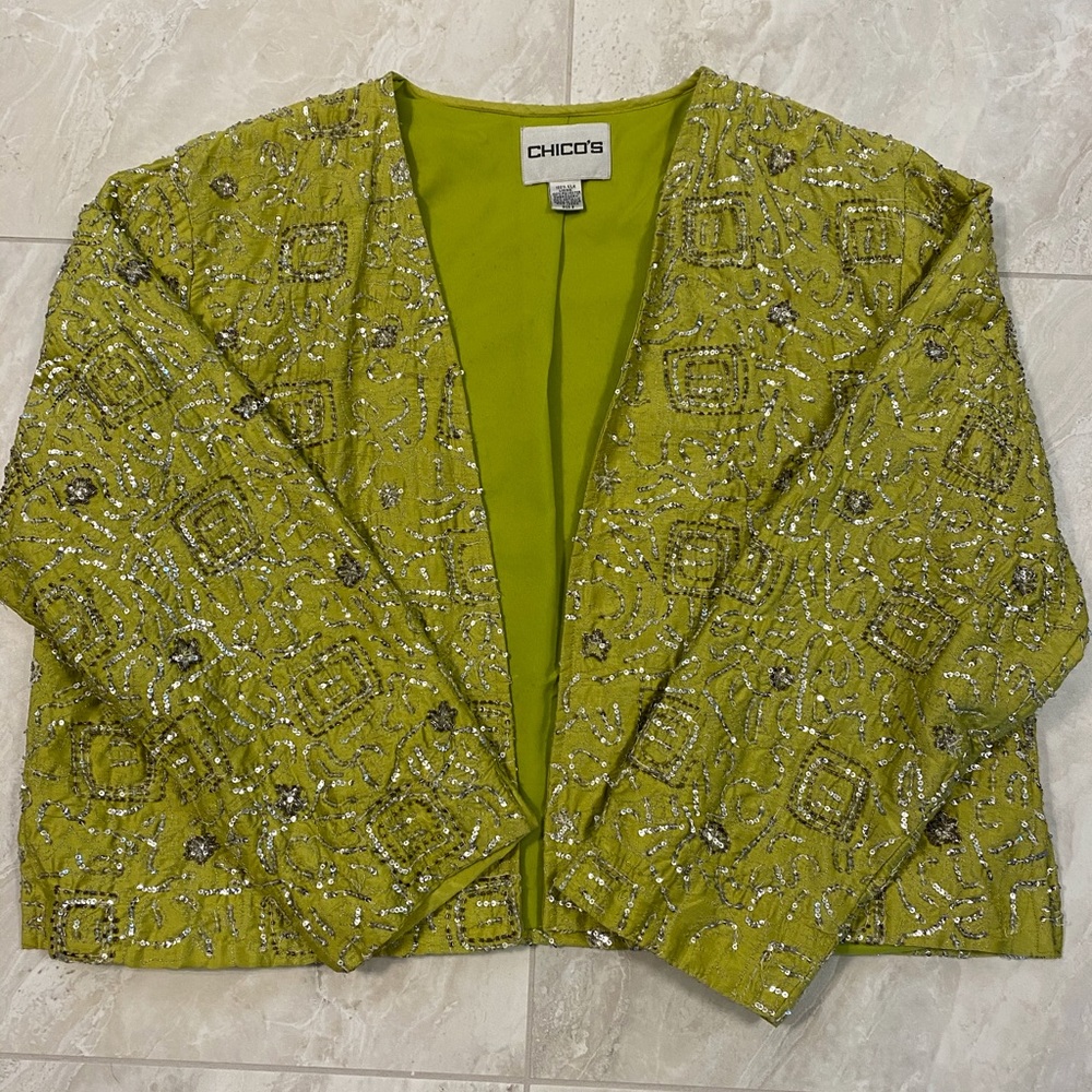 Chico’s size 3 long sleeve sequined short jacket